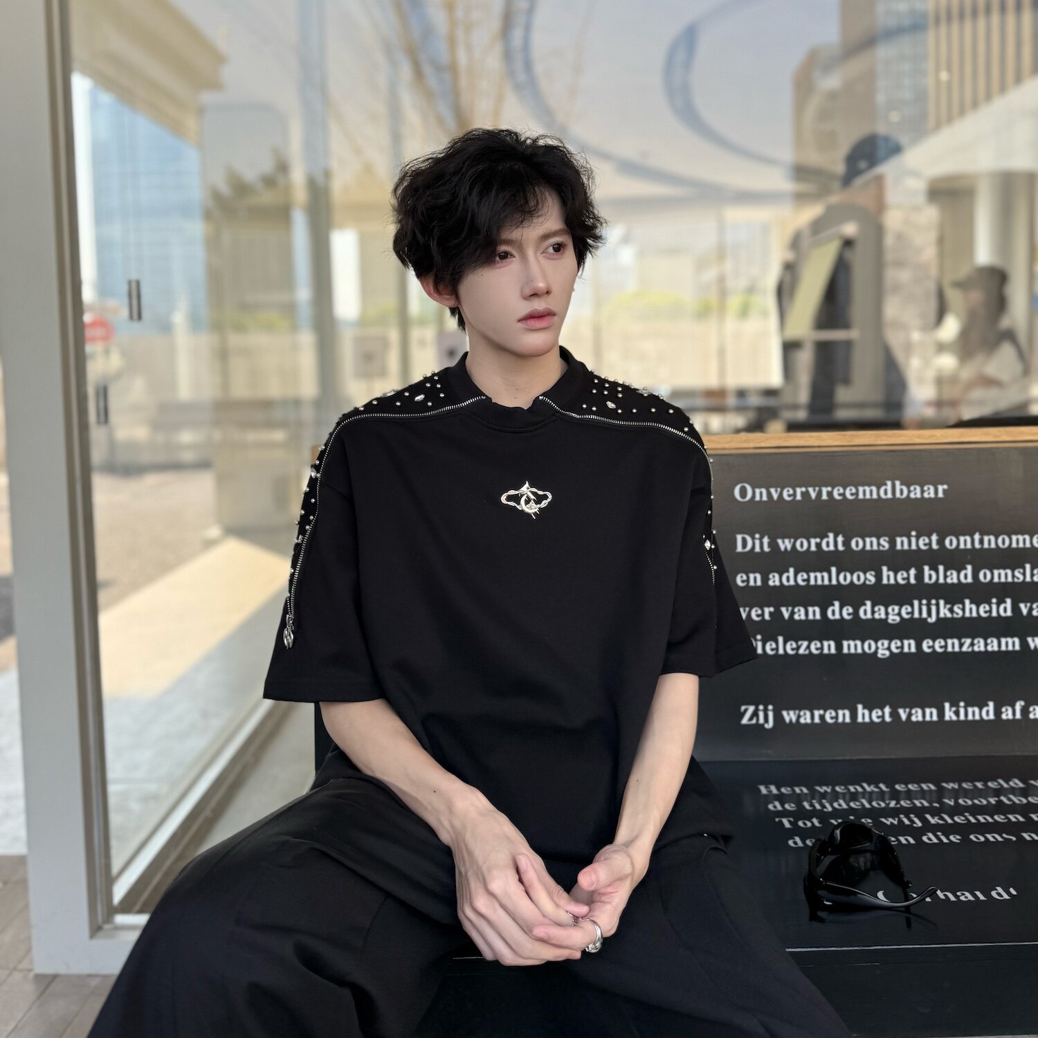 C316T8073P68夏装新款拼接拉链设计感短袖T恤tee时尚钉珠,男装T恤,电商C316