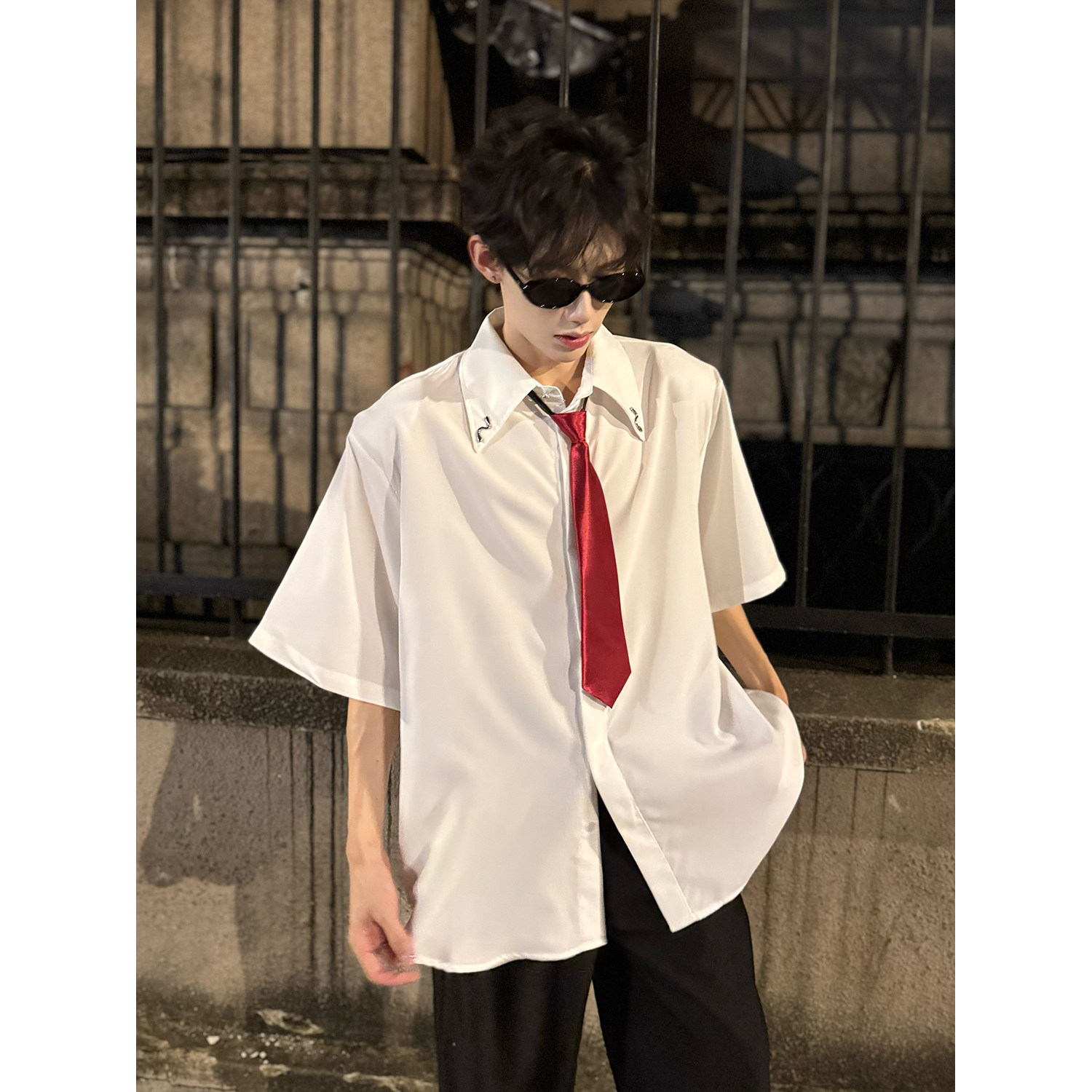 C316CS8320P58夏装新款送领带时尚金属设计感短袖衬衫衬衣,男装T恤,电商C316