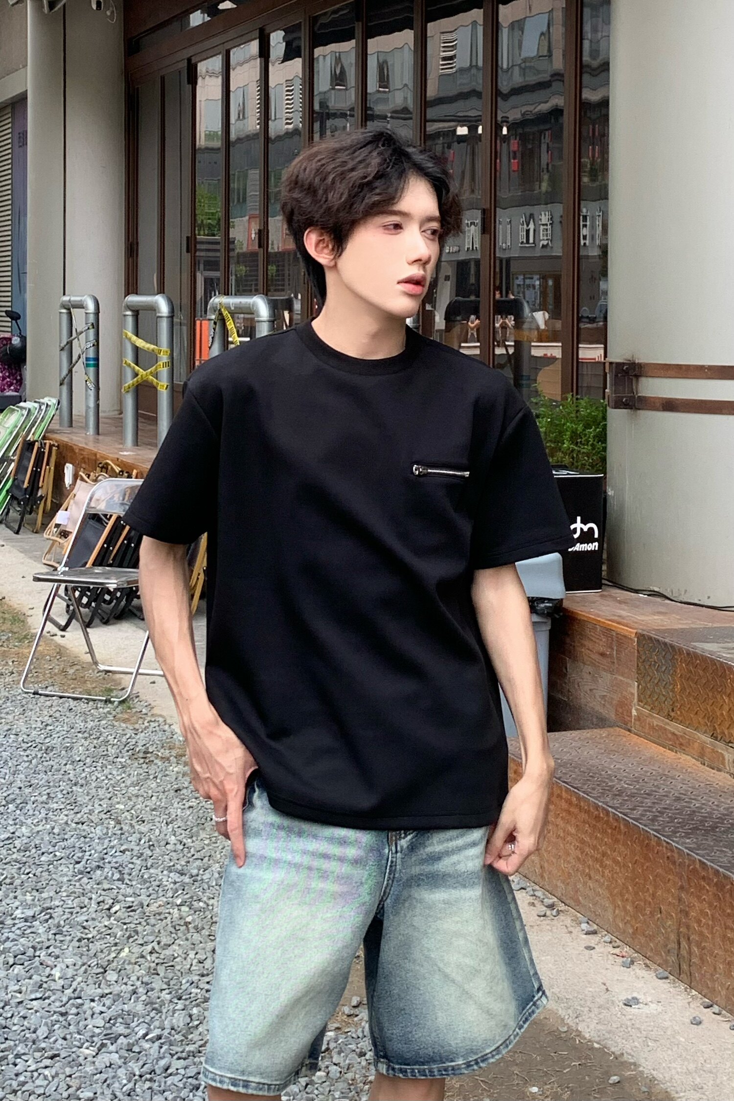 C316DX89P4868夏装新款短袖T恤拉链时尚潮黑色tee个性男,男装T恤,电商C316