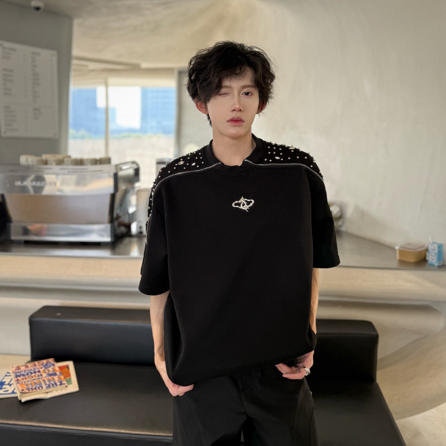 C316T8073P68夏装新款拼接拉链设计感短袖T恤tee时尚钉珠,男装T恤,电商C316