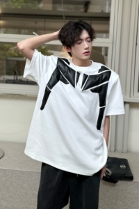 C316 T1140 P58 夏装新款短袖T恤拼皮撞色个性tee潮个性T恤衫情侣图片