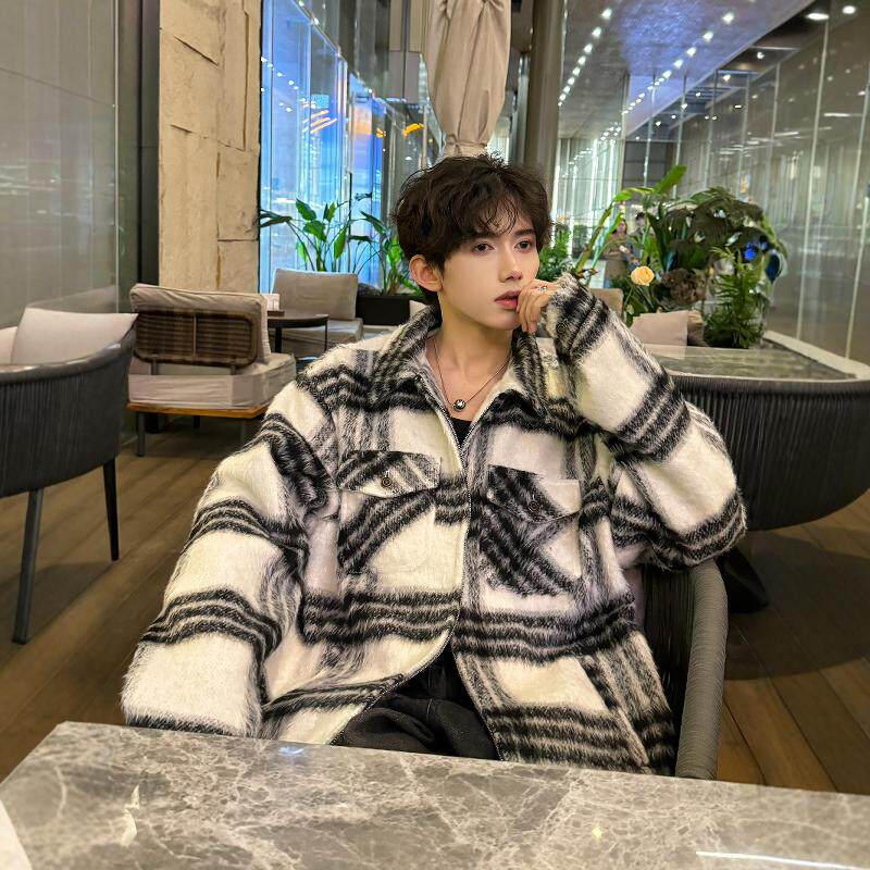 小香风格子夹棉加厚外套男马海毛情侣美式潮牌高级感棉服夹克秋冬，男装毛呢大衣，电商C316