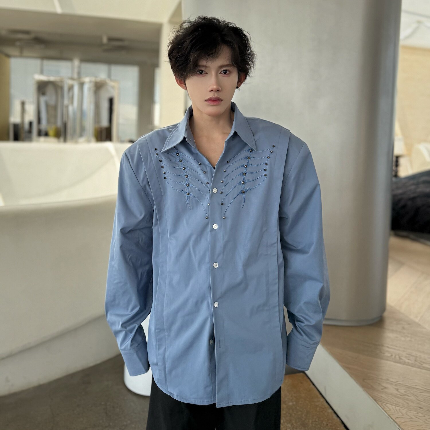C316CS8099P88春夏新款长袖衬衫刺绣钉珠高品质衬衣骨脊设计，男装衬衫，电商C316