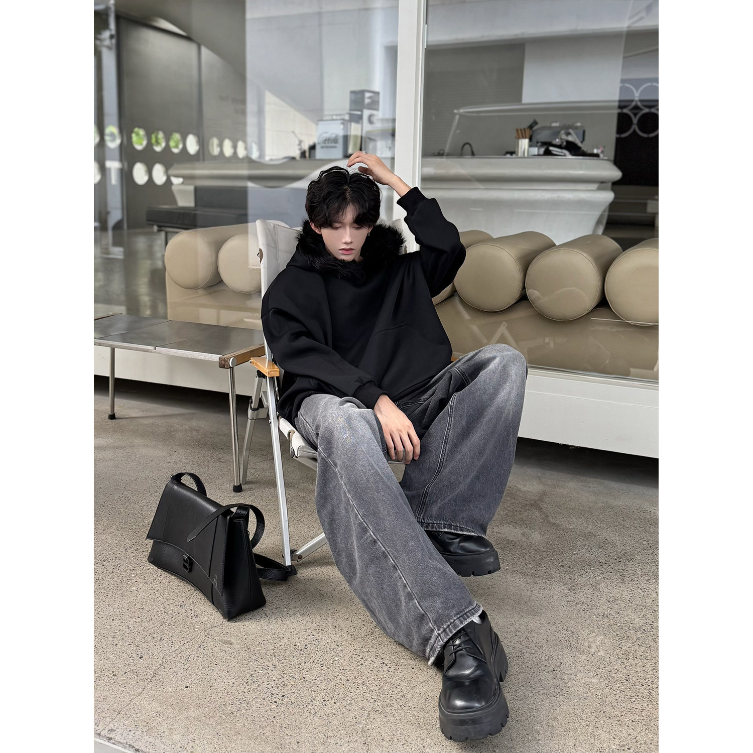 C316WY1032P68秋冬新款长袖毛领连帽卫衣时尚纯色时尚帽衫,男装卫衣,电商C316