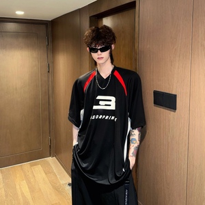 C316 T01 P58 春夏新款棒球服拼接撞色黑红短袖T恤透气吸汗tee图片