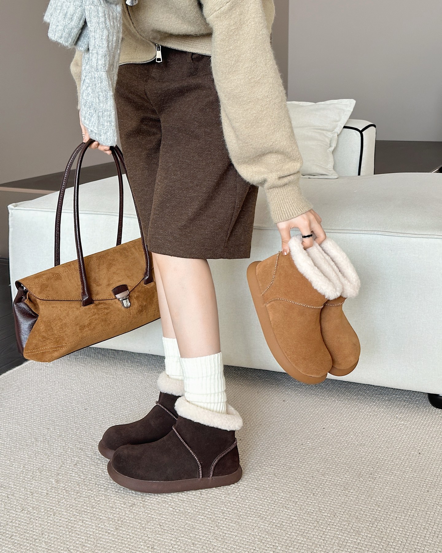 时尚厚底真皮加绒雪地靴女2025冬款韩版百搭防滑休闲鞋棉鞋短靴子