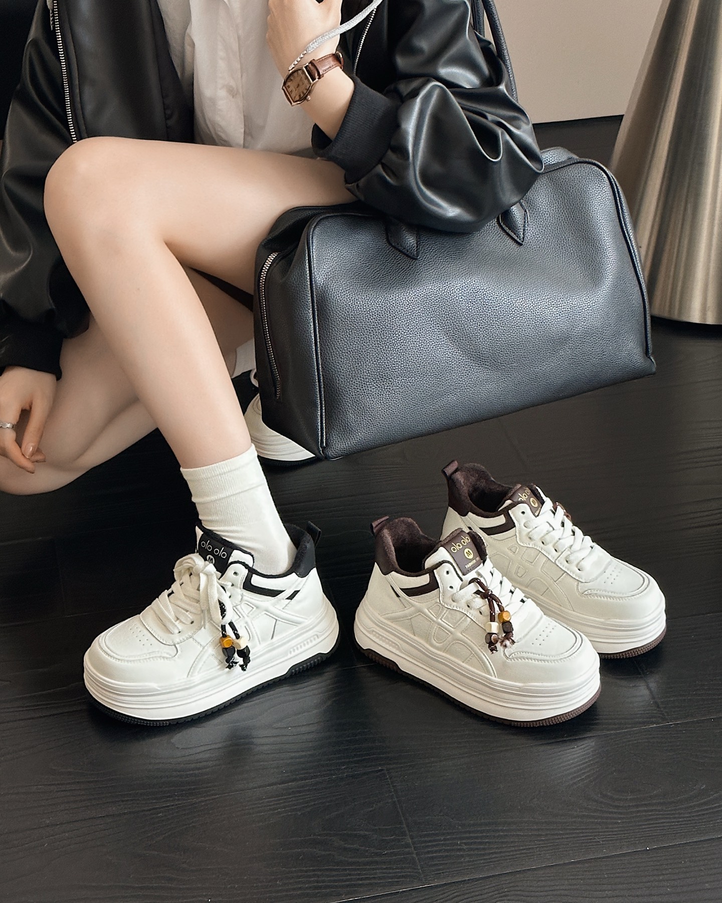 时尚厚底真皮加绒小白鞋女2025冬款韩版百搭松糕休闲运动鞋棉鞋潮