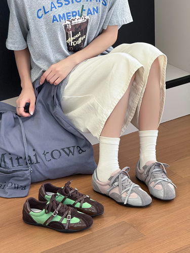 时尚厚底真皮德训鞋女2026韩版百搭系带搭扣拼色休闲运动鞋阿甘鞋