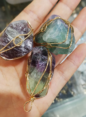 萤石不规则手工金丝毛衣链吊坠