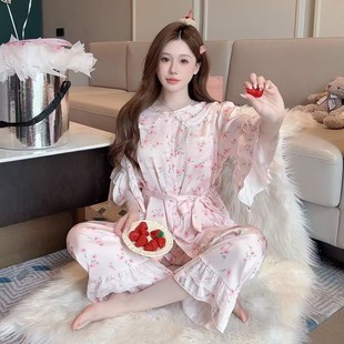 套装 碎花长裤 嗲甜碎花 冰雪丝女家居服 睡衣女公主风娃娃领短袖