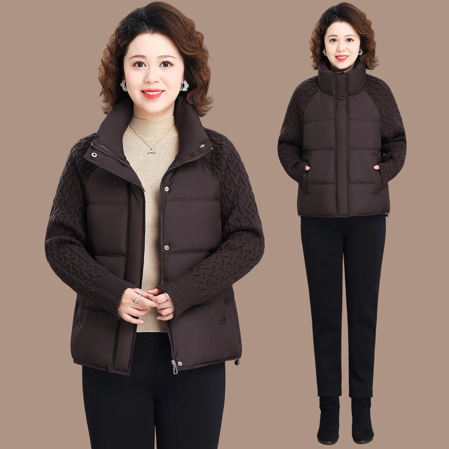中年妈妈五十多岁洋气棉服冬季外套中老年女装秋冬款针织拼接棉袄