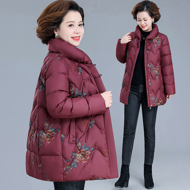 老年人羽绒服女冬装外套2025新款中年妈妈装秋冬季白鸭绒绣花袄子