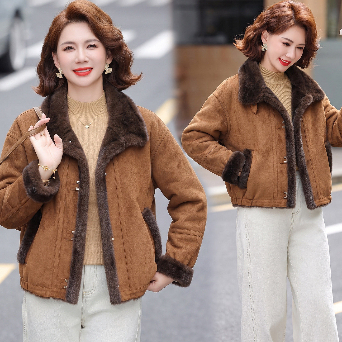 短款皮毛一体羊羔毛加厚外套女2026冬新小个子鹿皮绒机车服棉衣