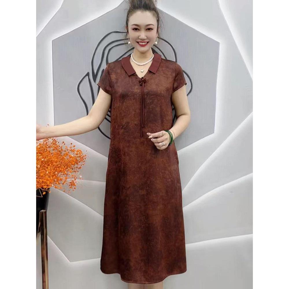 2026中老年复古风翻领短袖连衣裙女中长款宽松气质妈妈装遮肉裙子