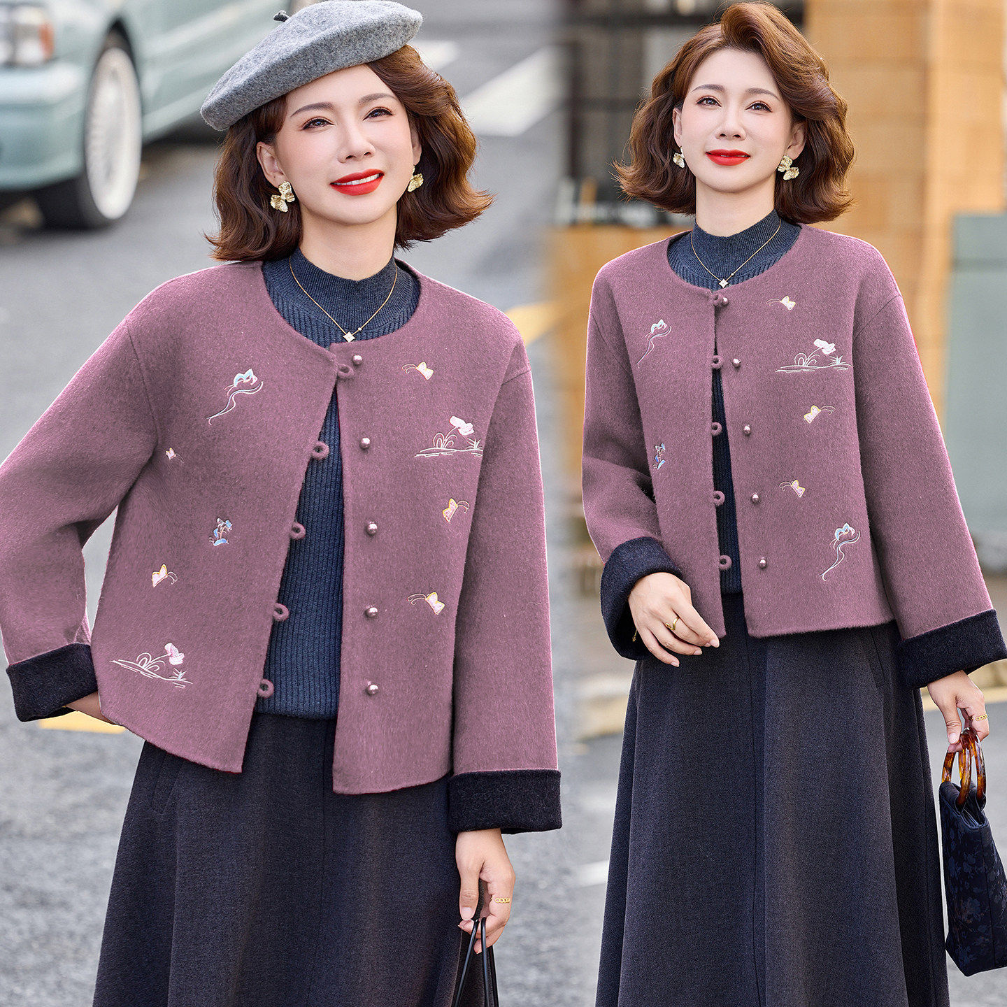 刺绣羊毛外套新中式国风双面羊毛女短款2026新款紫灰喜庆外套女