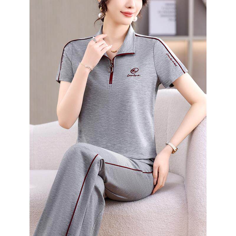 运动套装女夏季2026新款洋气妈妈时尚减龄显瘦短袖长裤两件套