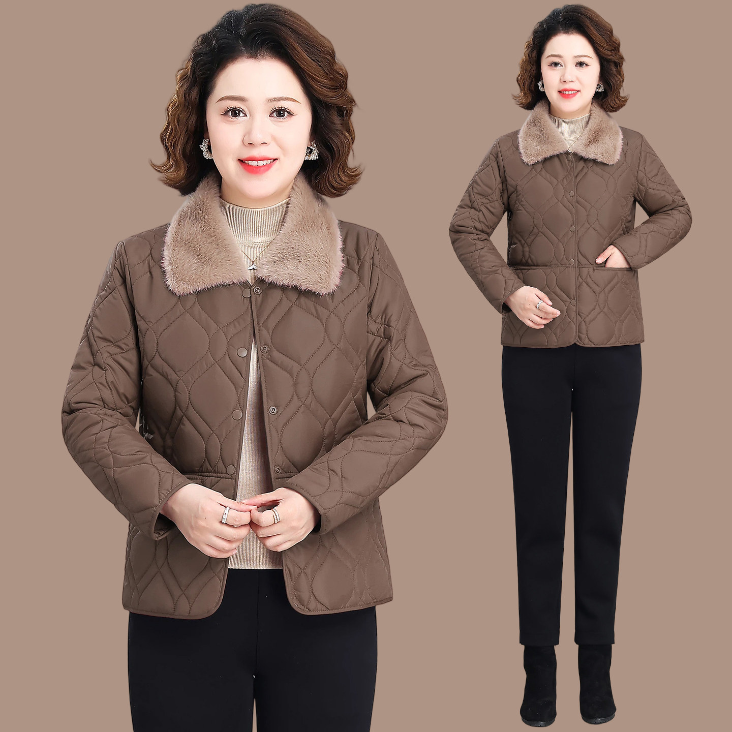 毛领羽绒棉服女短款冬季新款宽松轻薄中年妈妈棉衣小个子棉袄外套