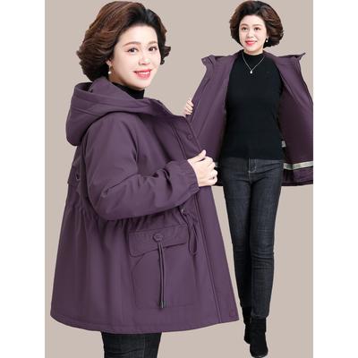 妈妈秋冬加绒加厚外套时尚中年连帽纯色棉衣中老年冬装风衣女