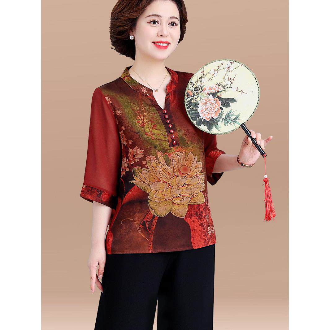 妈妈夏装雪纺套装真丝凉快小衫中老年人女奶奶装宽松大码两件套