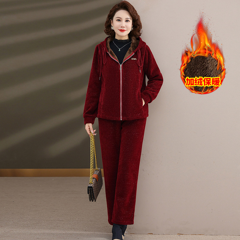 妈妈秋冬套装加绒加厚连帽中年女装运动装宽松两件套阔太太运动服