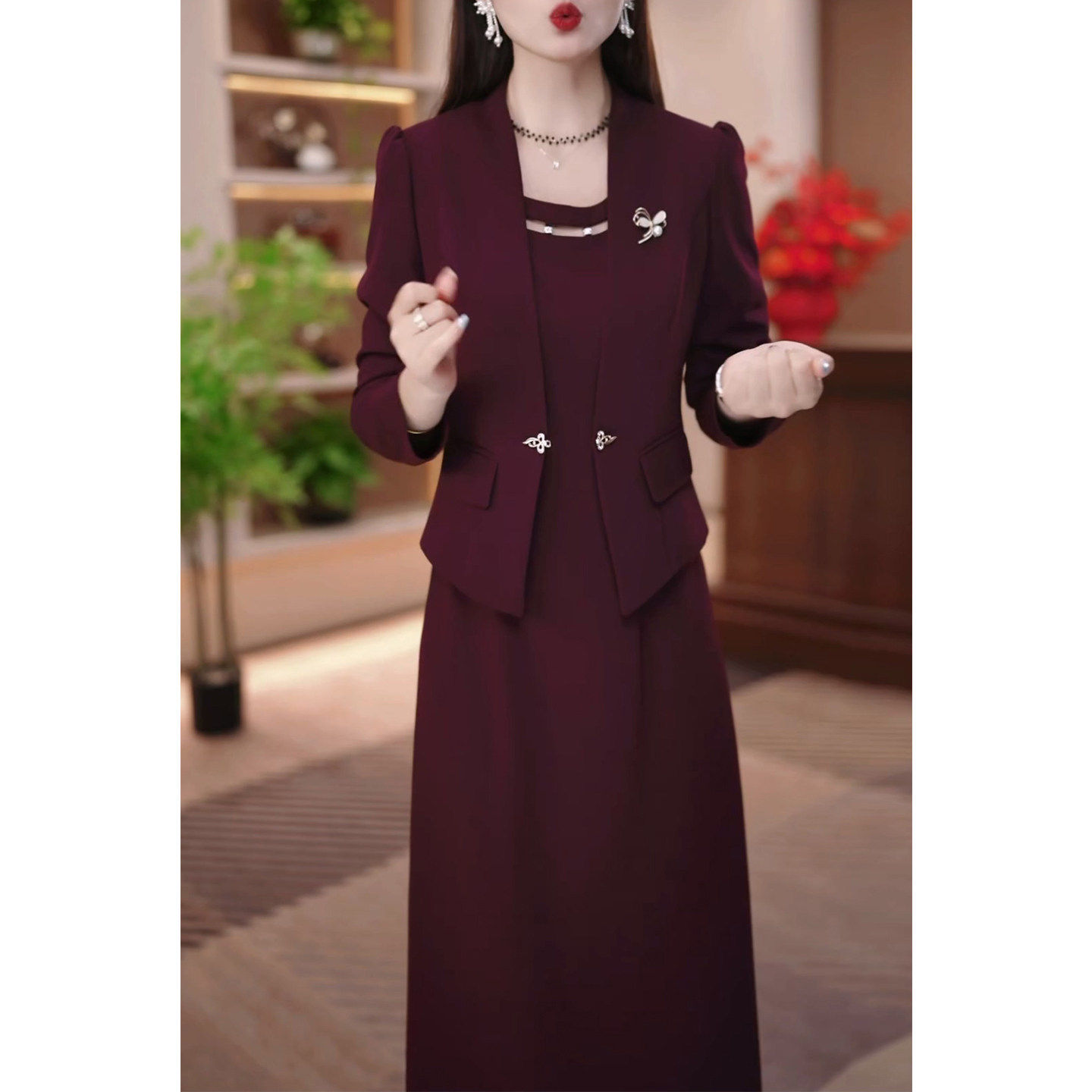 长袖高档两件套连衣裙女2026年春秋新款妈妈气质婚宴套装礼服裙子