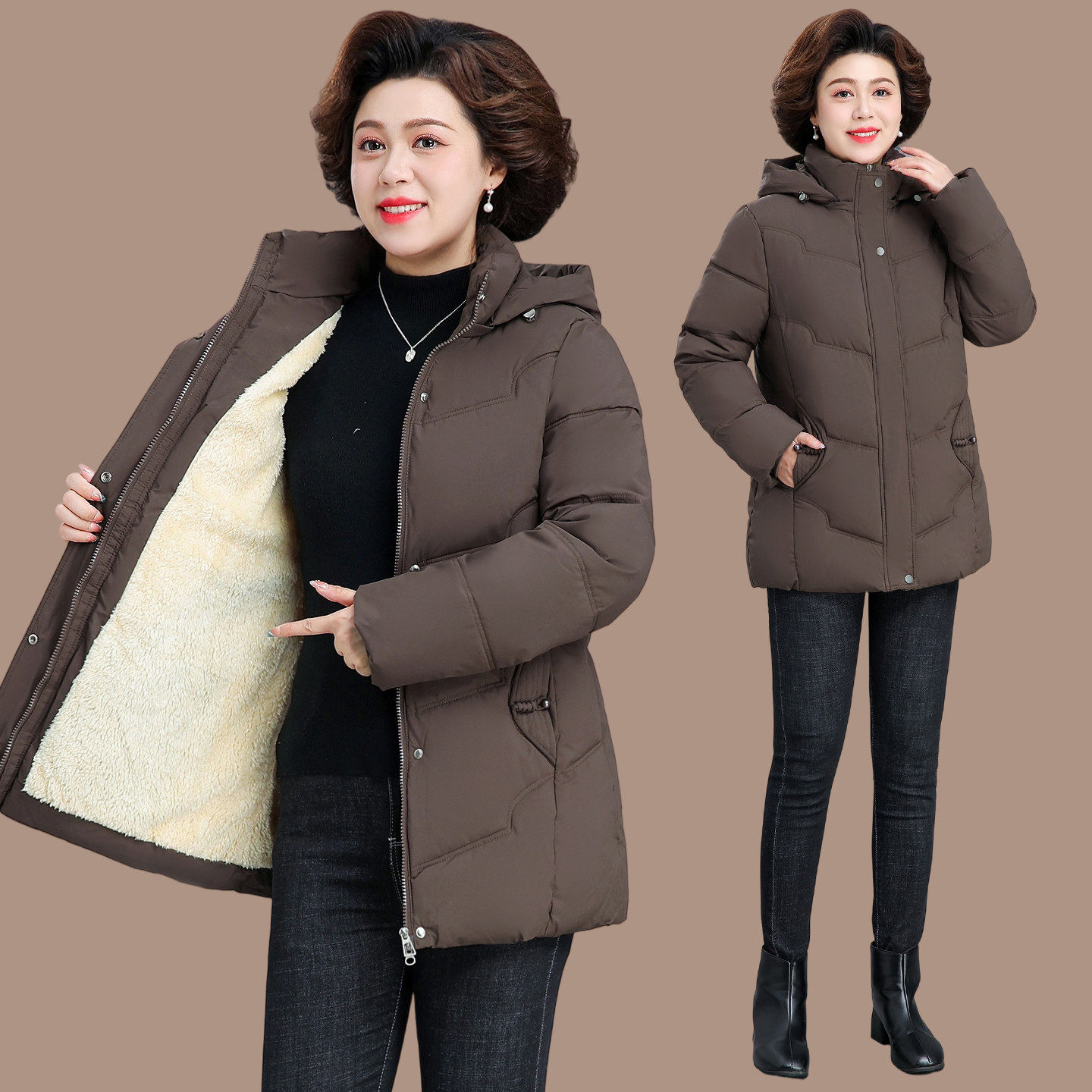中老年羽绒棉衣冬季女装加绒加厚棉服外套大码妈妈装保暖棉袄短款