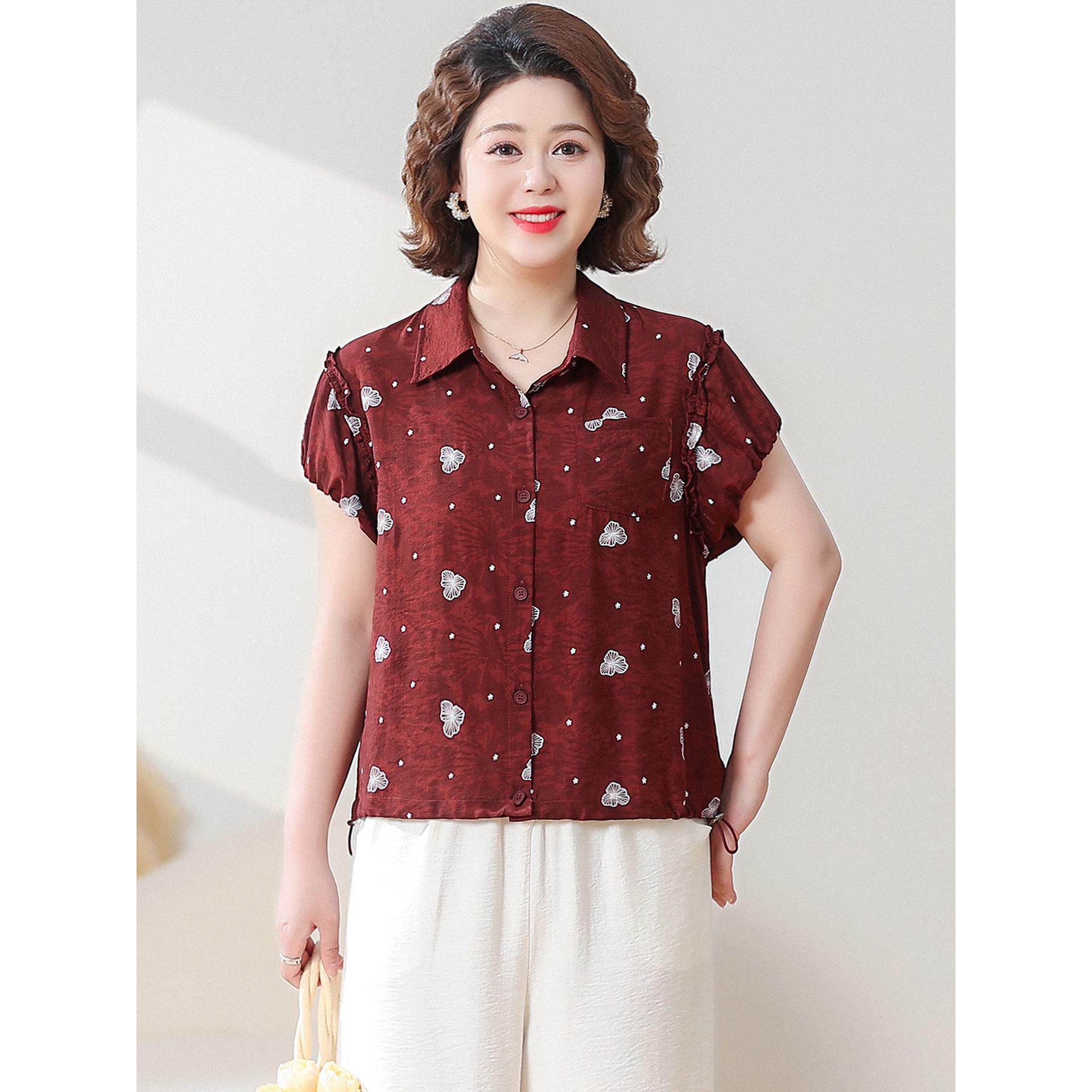 妈妈夏季短袖衬衫时尚洋气中年女士夏装上衣中老年女夏天衣服50岁
