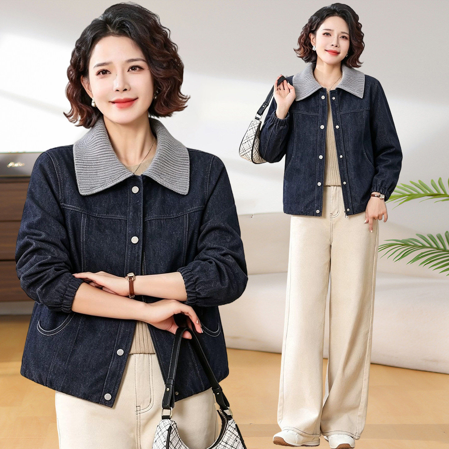 妈妈秋装牛仔外套2026新款中老年女洋气短款夹克春秋款长袖上衣薄