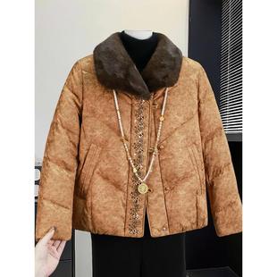 新中式妈妈冬装国风刺绣毛领羽绒服中老年人女装冬季高贵气质外套