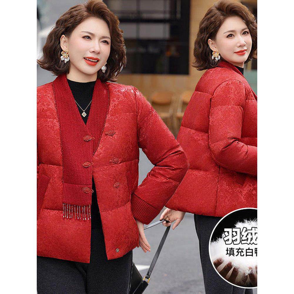 新中式风红色短款羽绒服女中老年盘扣保暖加厚气质优雅外套2025新