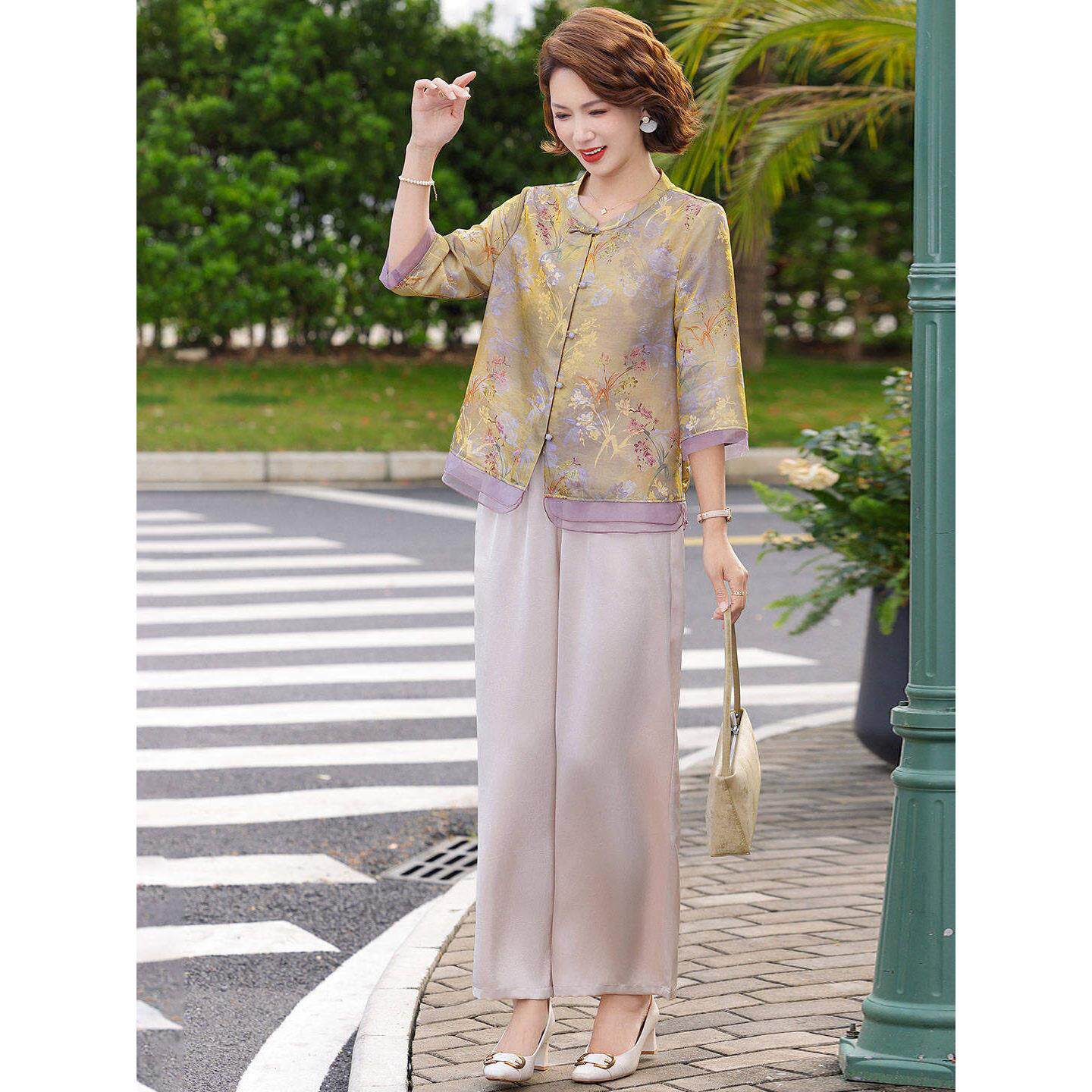 2026母亲节妈妈夏装套装中年纱袖新中式上衣服中老年女国风两件套