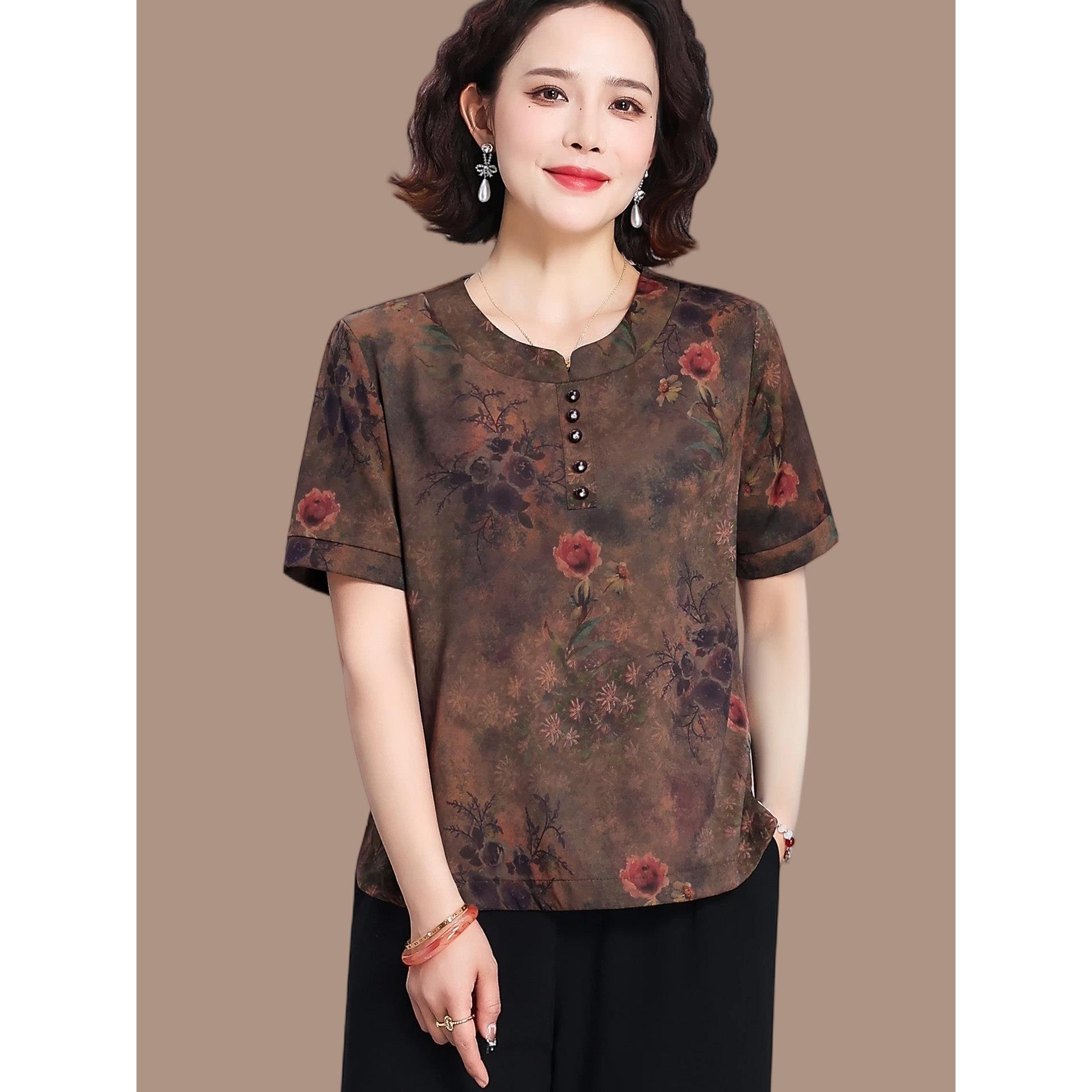 妈妈夏装两件套装女中老年人真桑蚕丝短袖T恤奶奶装老太太衣服