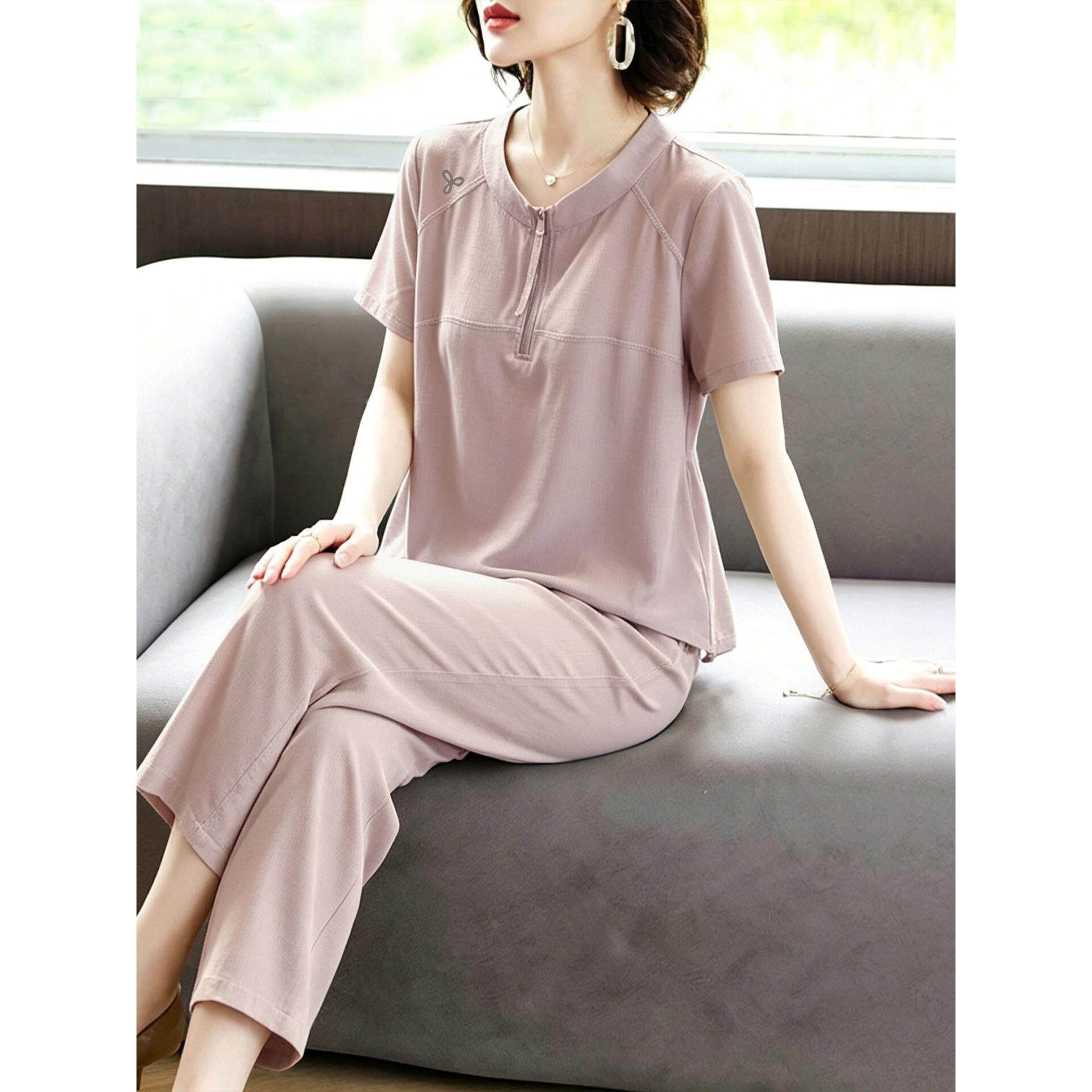 50多岁妈妈夏装速干短袖T恤中老年运动套装女夏老年人衣服两件套