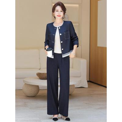妈妈秋装牛仔套装中年女士秋季短款夹克休闲裤两件套2025新款