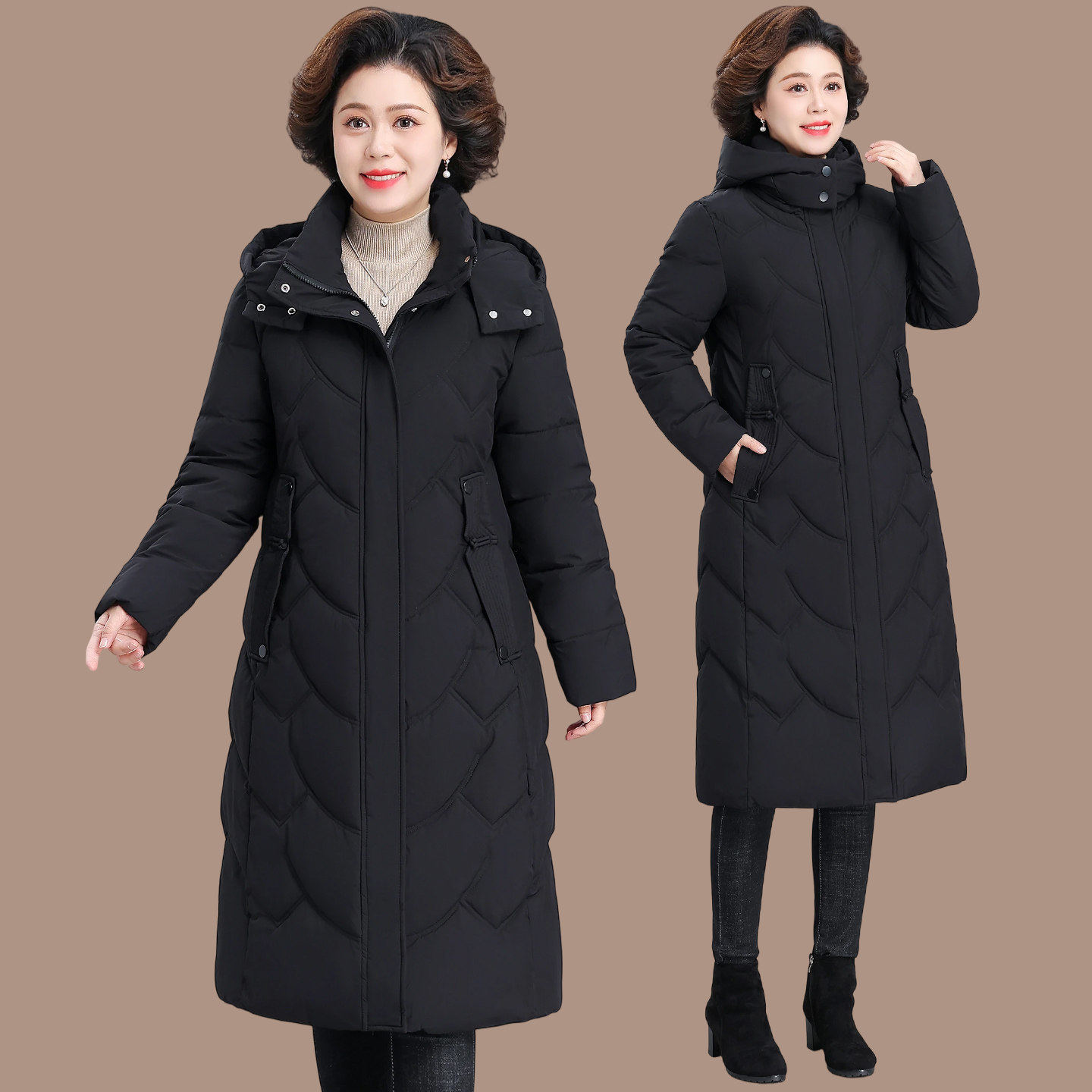 棉服女长款过膝妈妈装中老年人冬季新款修身棉袄外套百搭时尚棉衣