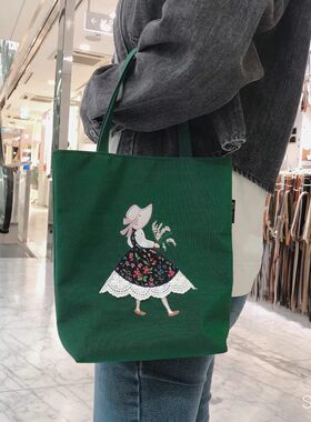 小清新花裙女孩刺绣手拎包韩国