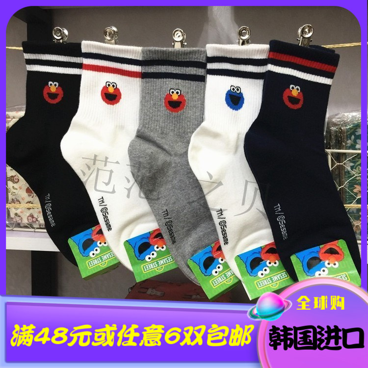 韩国进口芝麻街卡通双杠中筒女袜