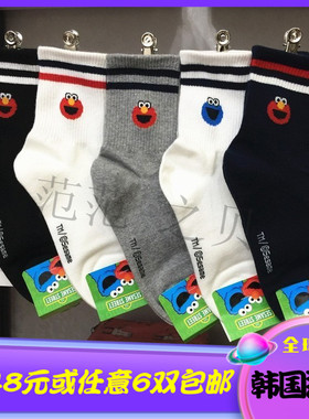 韩国进口sesame stree/芝麻街卡通棉袜双杠袜腰中筒女袜学院风