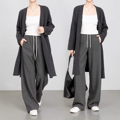 漫淑霏撞色腰头针织长裤显瘦灰色裤子女新款休闲裤