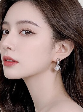 法式曼塔玫瑰绝美蝴蝶结珍珠耳环