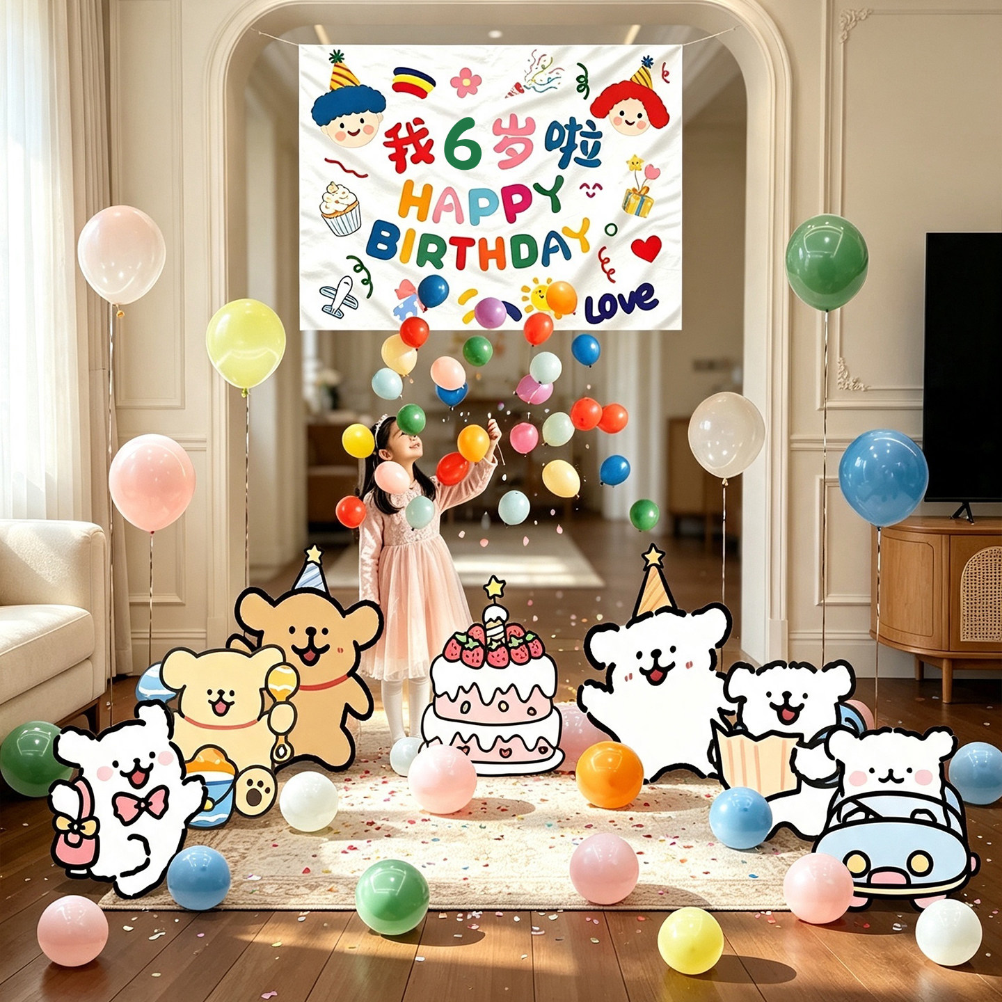 线条小狗2岁生日气球雨KT板