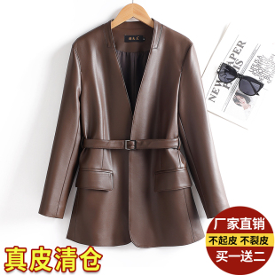 2025秋冬新款 小西服系带收腰风衣绵羊皮夹克外套 真皮皮衣女中长款