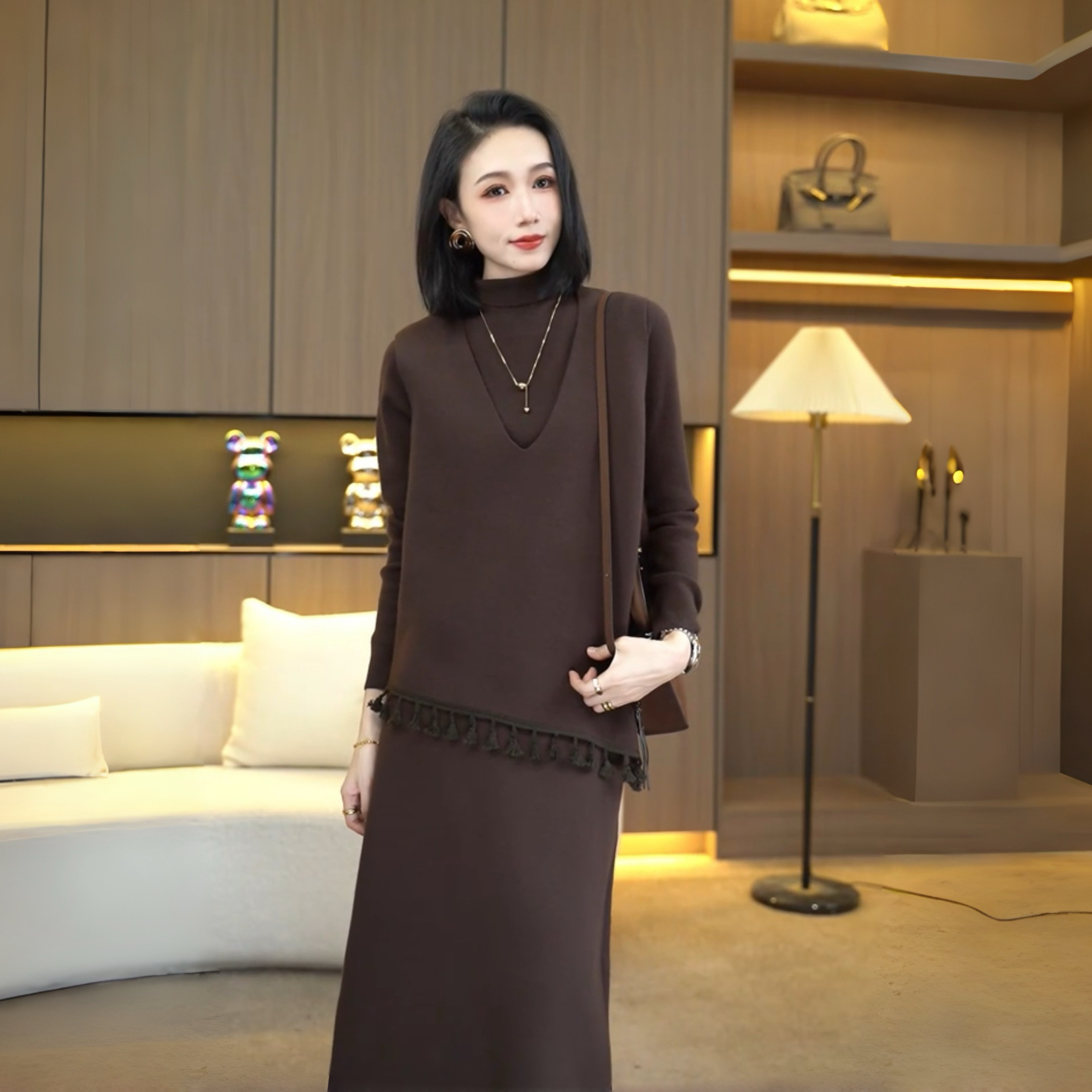 李思桐2025新款秋冬季流苏小众设计一整套针织三件套套装裙子7376