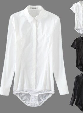 长袖连体衬衫连裤衬衣女OL正装秋季白色修身显瘦弹力棉衬衣大码