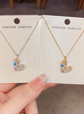欧美ins时尚超闪彩色爱心吊坠项链精致轻奢百搭感超闪锁骨链