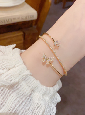 小众精致时尚百搭锆石花瓣蝴蝶开口手镯气质轻奢感超闪手环女