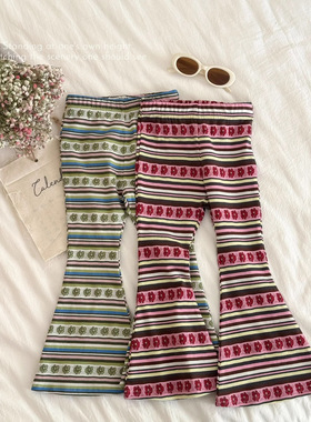 喇叭裤垂感高级感26pippi小花条纹针织弹力休闲女童春夏喇叭裤