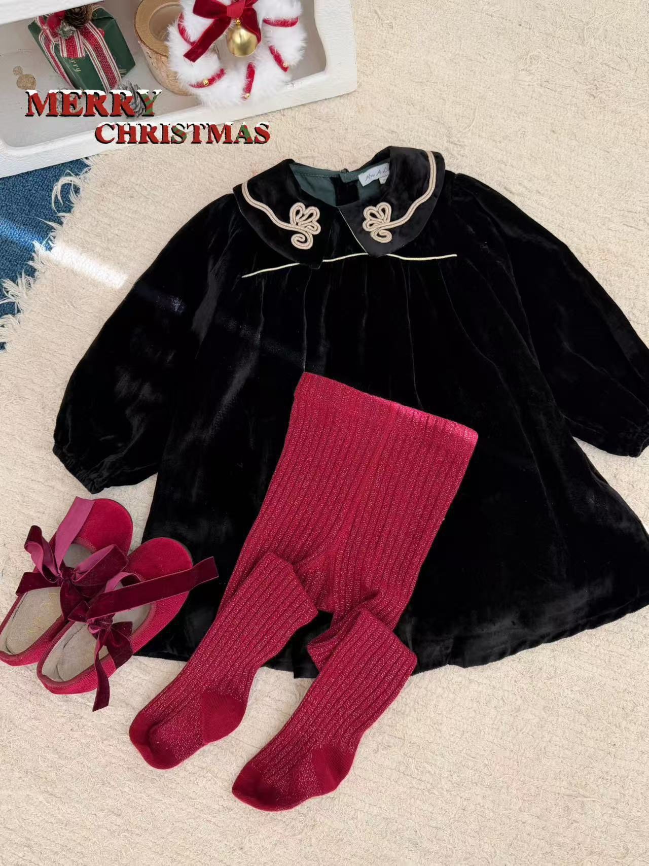 Coll 同款圣诞新年限定款金银丝女童女宝宝坑条打底袜红色连裤袜