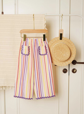 26pippi女童彩虹条纹长裤春夏薄款纯棉松紧腰直筒裤休闲舒适百搭