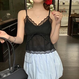 2026夏款 蕾丝V领吊带背心女黑色叠穿显瘦内搭上衣3859 细肩带法式